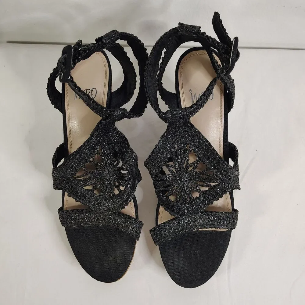 Impo Black Crochet Strappy Cork Wedge Sandals Women’s Size 10 Ankle Strap
